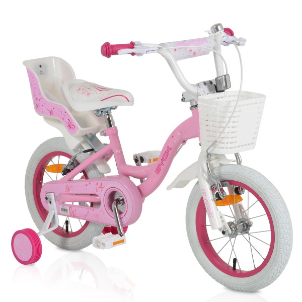 Bicicleta copii Byox Flower Pinky 14 inch, 3-5 ani, roti ajutatoare, frane V brake, cos fata, cadru metalic