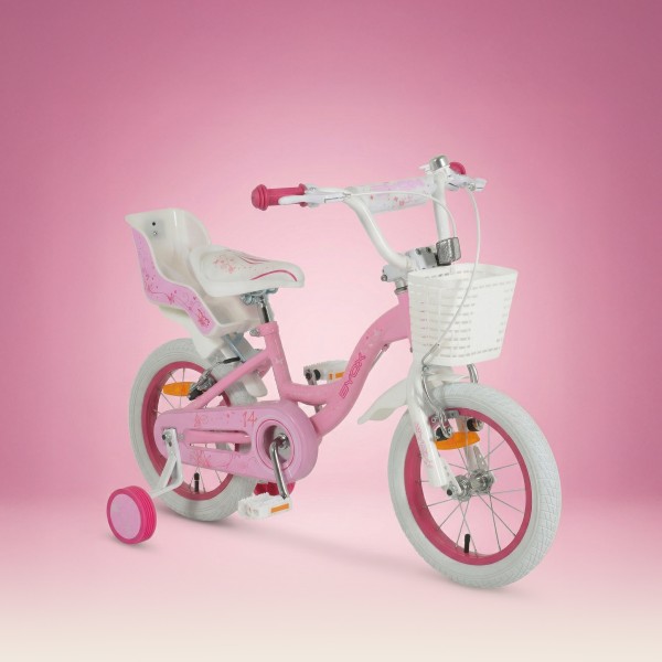 Bicicleta copii Byox Flower Pinky 14 inch, 3-5 ani, roti ajutatoare, frane V brake, cos fata, cadru metalic