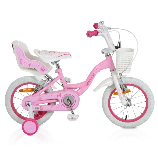 Bicicleta copii Byox Flower Pinky 14 inch, 3-5 ani, roti ajutatoare, frane V brake, cos fata, cadru metalic