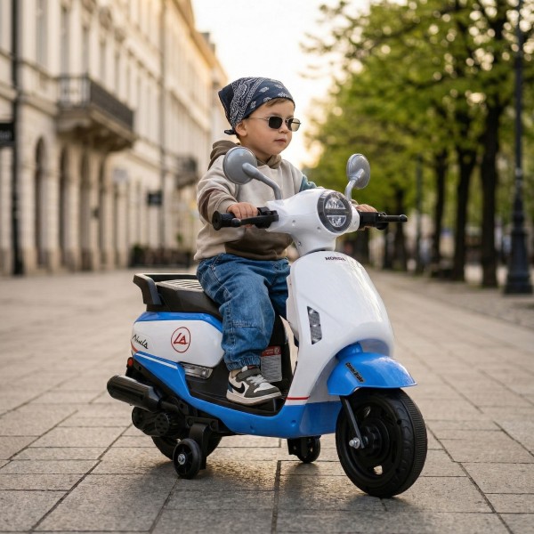 Motocicleta electrica copii Honda Blue, varsta 3+ ani, 2 motoare, lumini LED, baterie 12V, 2-3 km/h
