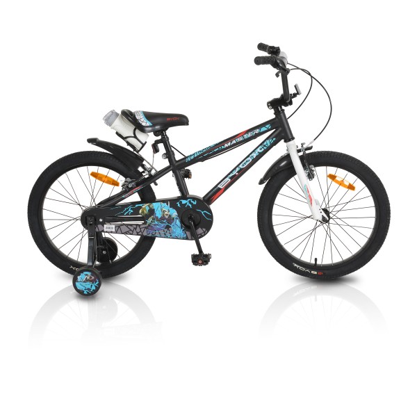Bicicleta copii 6-10 ani Byox Master Onyx 20 inch, roti ajutatoare, frane V brake, cadru otel, jante aluminiu