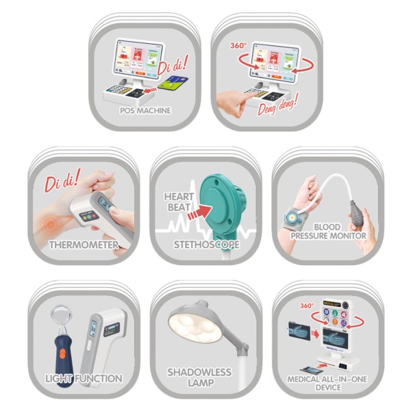 Centru joaca medical Chengji Toys, 3+ ani, 77 piese, accesorii doctor, lumini sunete, dozator apa