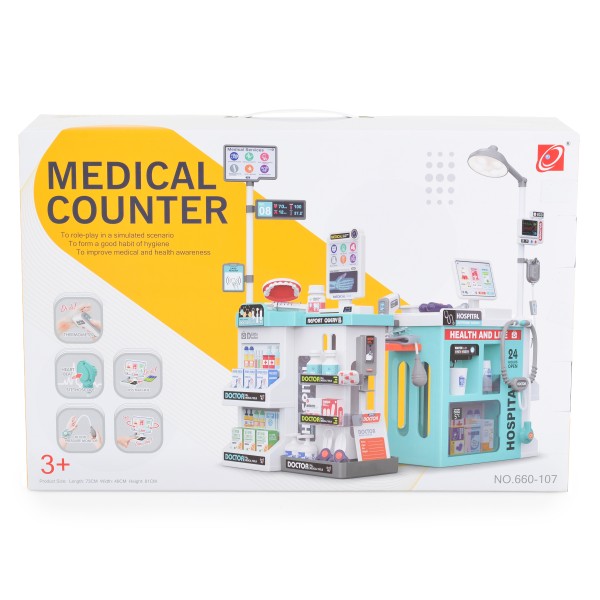 Centru joaca medical Chengji Toys, 3+ ani, 77 piese, accesorii doctor, lumini sunete, dozator apa