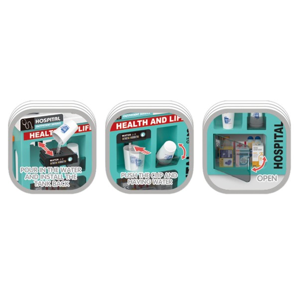 Centru joaca medical Chengji Toys, 3+ ani, 77 piese, accesorii doctor, lumini sunete, dozator apa