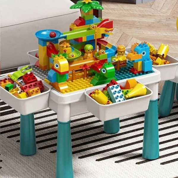 Masa constructii Montessori, varsta 3+ ani, 85 piese, scaun inclus, spatiu depozitare, creativ