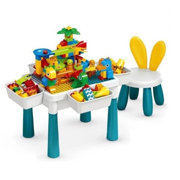 Masa constructii Montessori, varsta 3+ ani, 85 piese, scaun inclus, spatiu depozitare, creativ