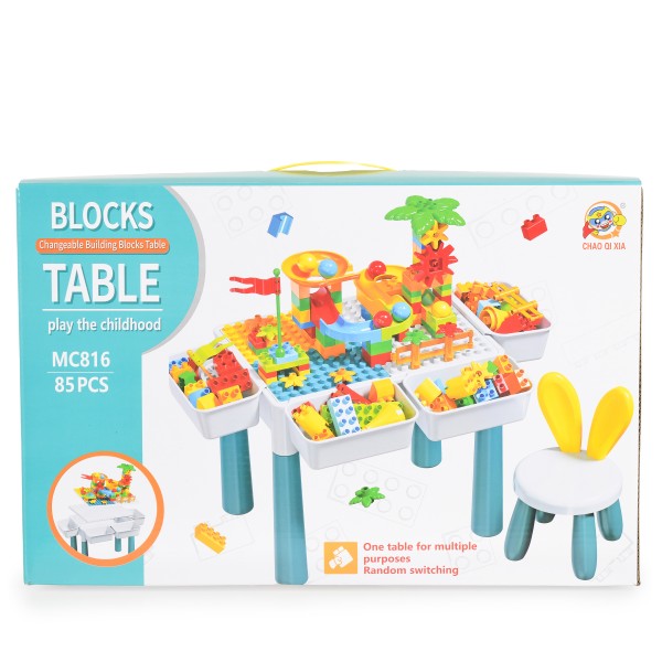 Masa constructii Montessori, varsta 3+ ani, 85 piese, scaun inclus, spatiu depozitare, creativ