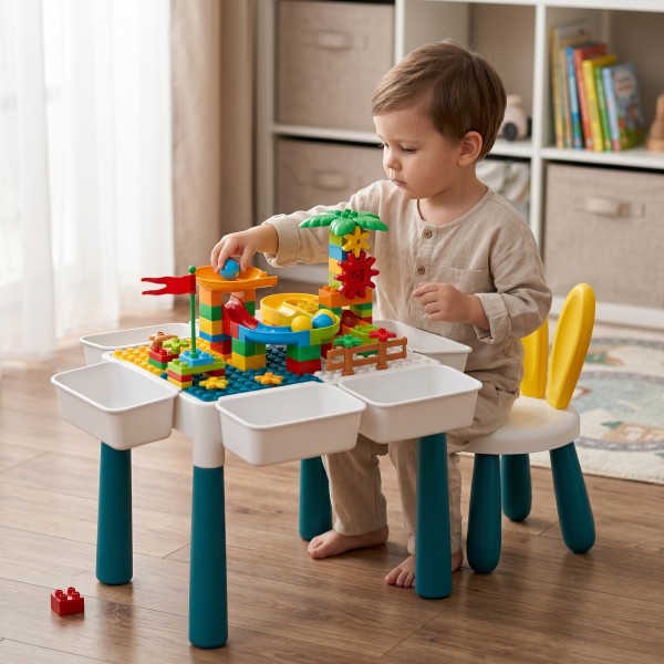 Masa constructii Montessori, varsta 3+ ani, 85 piese, scaun inclus, spatiu depozitare, creativ
