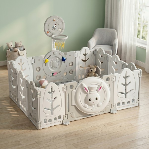 Spatiu de joaca copii Moni Garden The White Rabbit, 6 luni+, 166x120 cm, cos baschet, bile, covoras XPE