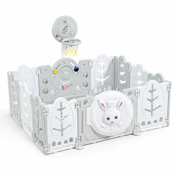 Spatiu de joaca copii Moni Garden The White Rabbit, 6 luni+, 166x120 cm, cos baschet, bile, covoras XPE