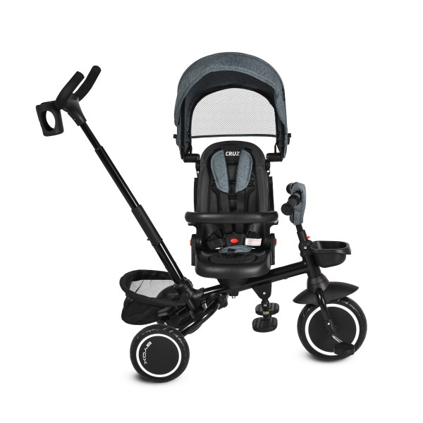 Tricicletă Pliabila cu maner Byox Cruz Dark Grey 12-72 luni – scaun rotativ 360°, control parental, spătar reglabil