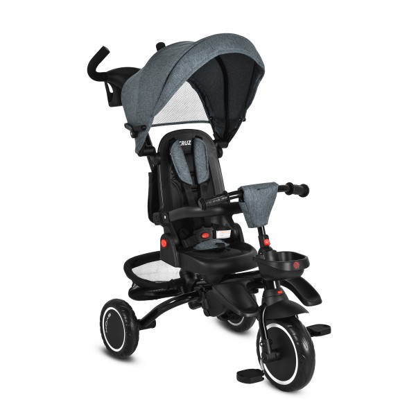 Tricicletă Pliabila cu maner Byox Cruz Dark Grey 12-72 luni – scaun rotativ 360°, control parental, spătar reglabil 