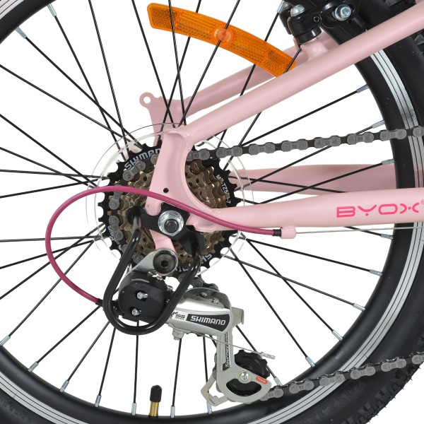 Bicicleta copii Byox Whizzy Pink 24 inch, 8-12 ani, 21 viteze Shimano, suspensie fata, frane aluminiu