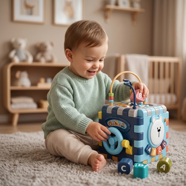 Cub Montessori interactiv Vivakids, 18 luni+, sortator forme, muzica sunete, activitati multiple
