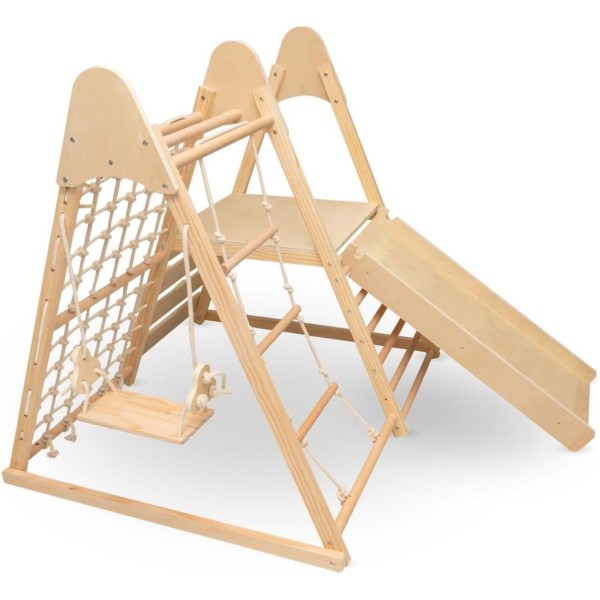 Centru joaca copii Moni Toys Little Gym, cu tobogan, leagan si perete catarare, lemn, 3+ ani