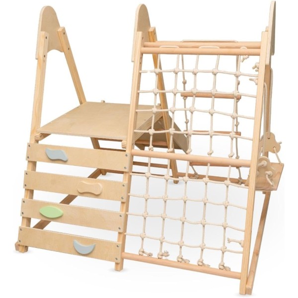 Centru joaca copii Moni Toys Little Gym, cu tobogan, leagan si perete catarare, lemn, 3+ ani