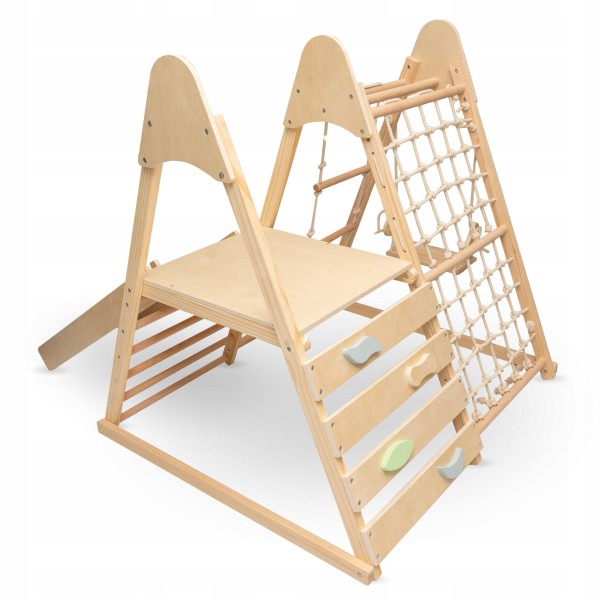 Centru joaca copii Moni Toys Little Gym, cu tobogan, leagan si perete catarare, lemn, 3+ ani