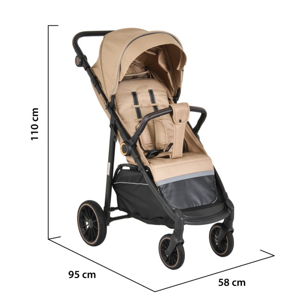 Carucior Sport Buggy Beige 0-22 kg, Pliere Tip Carte, Spatar Complet Reglabil, Roti EVA cu Suspensie, Copertina Mare