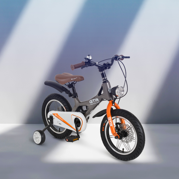 Bicicleta copii Byox GTR Grey 14 inch, 3-5 ani, cadru magneziu, frane disc, roti ajutatoare, far LED