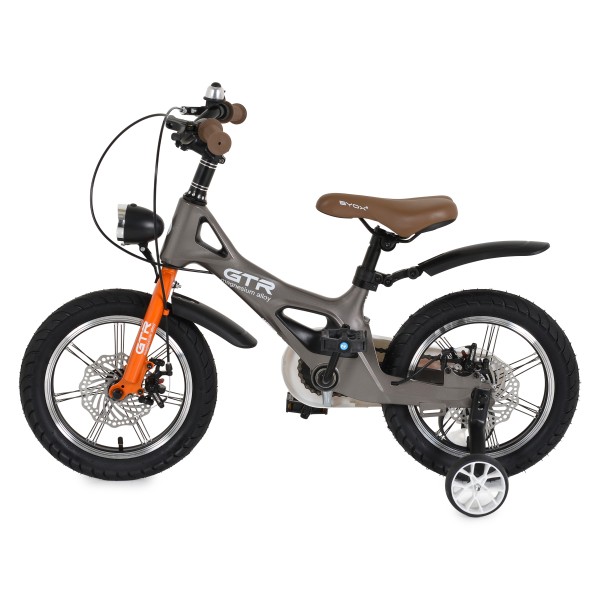 Bicicleta copii Byox GTR Grey 14 inch, 3-5 ani, cadru magneziu, frane disc, roti ajutatoare, far LED