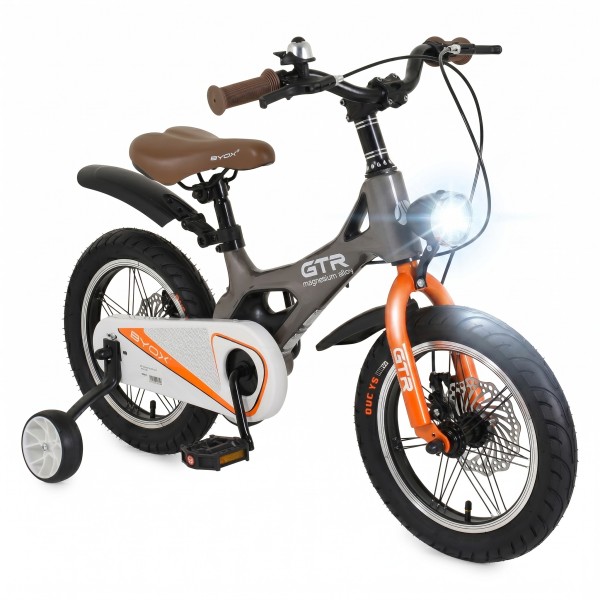 Bicicleta copii Byox GTR Grey 14 inch, 3-5 ani, cadru magneziu, frane disc, roti ajutatoare, far LED