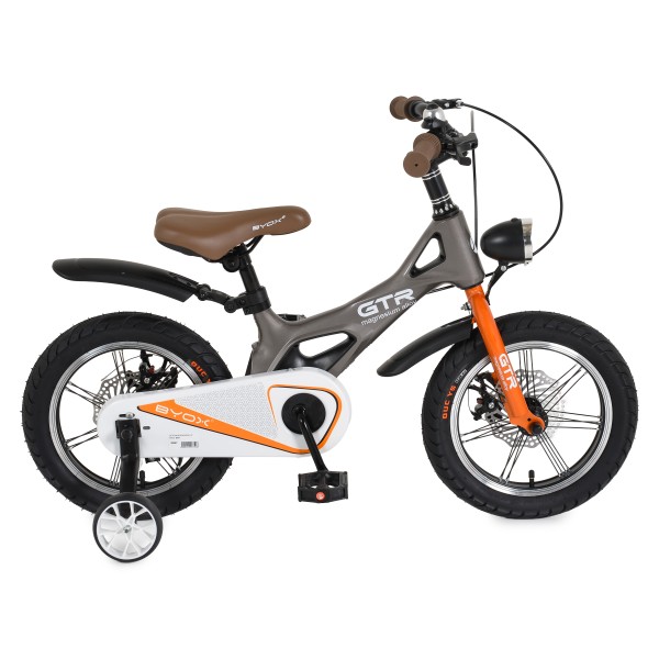 Bicicleta copii Byox GTR Grey 14 inch, 3-5 ani, cadru magneziu, frane disc, roti ajutatoare, far LED