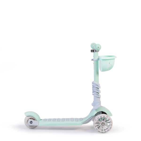 Trotinetă copii cu scaun Moni Bubblegum Green, roți LED, reglabilă, frână spate, 3+ ani, 40 kg