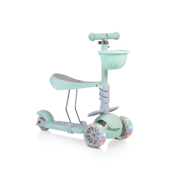 Trotinetă copii cu scaun Moni Bubblegum Green, roți LED, reglabilă, frână spate, 3+ ani, 40 kg