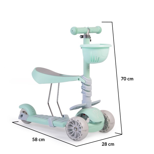 Trotinetă copii cu scaun Moni Bubblegum Green, roți LED, reglabilă, frână spate, 3+ ani, 40 kg