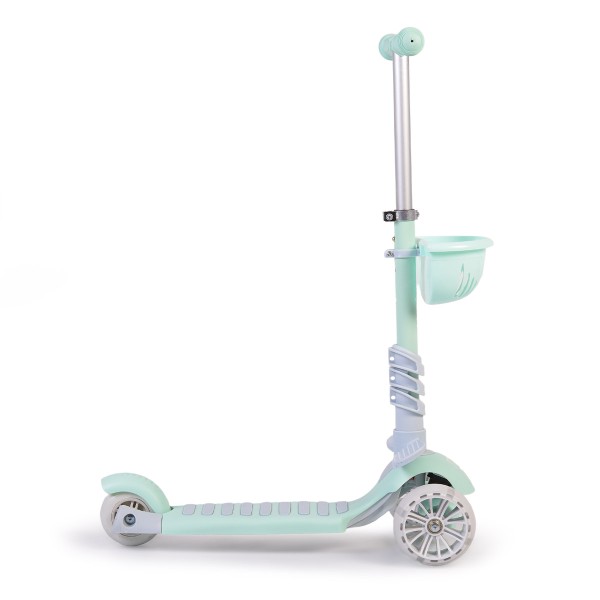 Trotinetă copii cu scaun Moni Bubblegum Green, roți LED, reglabilă, frână spate, 3+ ani, 40 kg