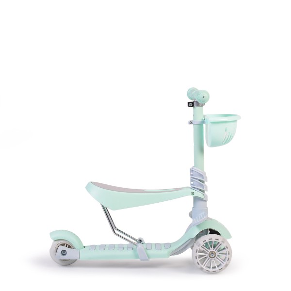 Trotinetă copii cu scaun Moni Bubblegum Green, roți LED, reglabilă, frână spate, 3+ ani, 40 kg