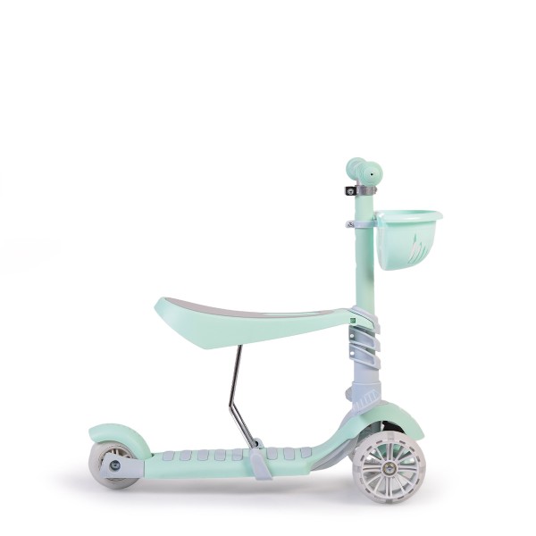 Trotinetă copii cu scaun Moni Bubblegum Green, roți LED, reglabilă, frână spate, 3+ ani, 40 kg