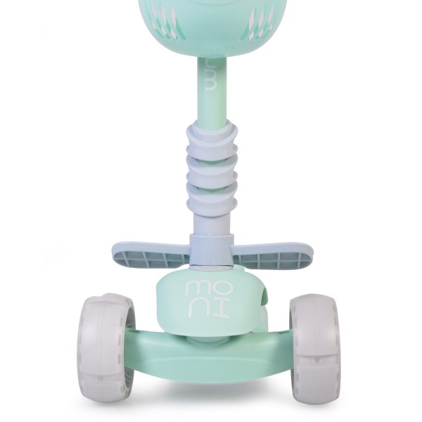 Trotinetă copii cu scaun Moni Bubblegum Green, roți LED, reglabilă, frână spate, 3+ ani, 40 kg