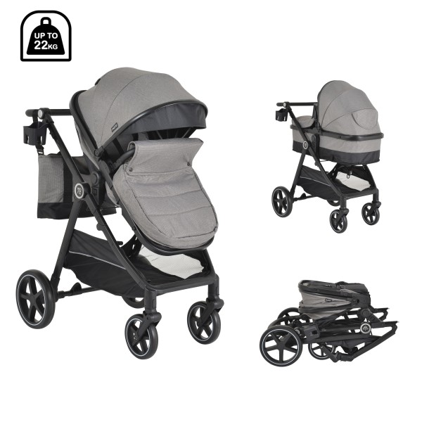 Cărucior copii Moni Tokyo Grey 2 în 1, 0–4 ani, reversibil, aluminiu, accesorii incluse, 22 kg