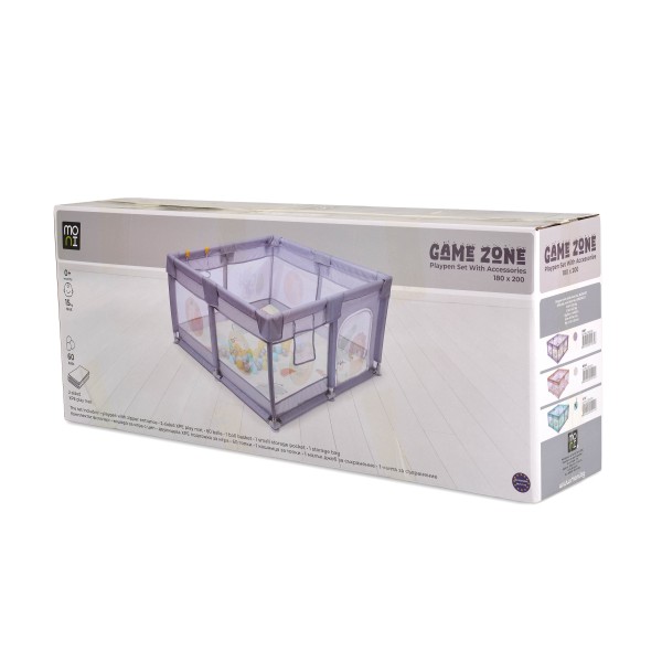 Țarc de joacă Moni GameZone Green, 6-36 luni, 200x180 cm, covoras XPE, bile colorate, cos baschet, pliabil