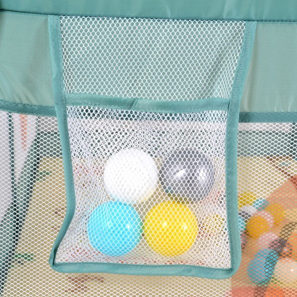 Țarc de joacă Moni GameZone Mint, 6-36 luni, 200x180 cm, covoras XPE, bile colorate, cos baschet, pliabil