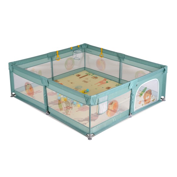 Țarc de joacă Moni GameZone Mint, 6-36 luni, 200x180 cm, covoras XPE, bile colorate, cos baschet, pliabil