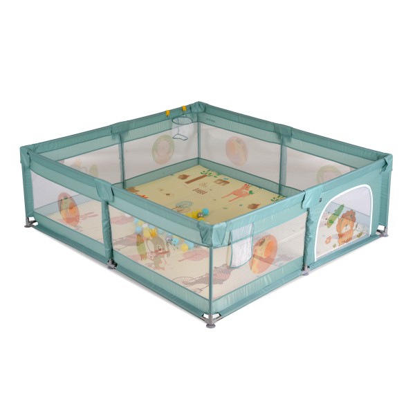 Țarc de joacă Moni GameZone Mint, 6-36 luni, 200x180 cm, covoras XPE, bile colorate, cos baschet, pliabil