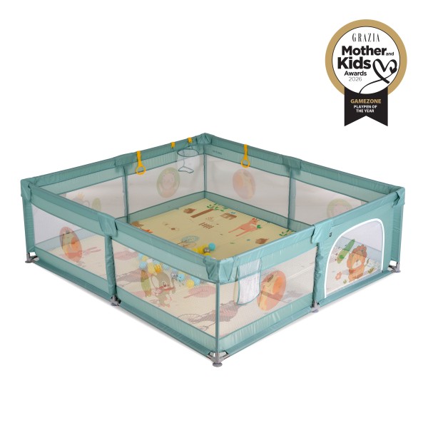 Țarc de joacă Moni GameZone Mint, 6-36 luni, 200x180 cm, covoras XPE, bile colorate, cos baschet, pliabil