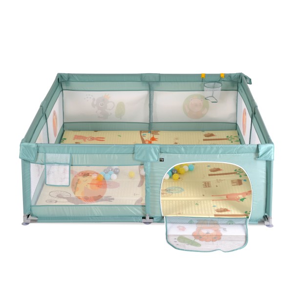 Țarc de joacă Moni GameZone Mint, 6-36 luni, 200x180 cm, covoras XPE, bile colorate, cos baschet, pliabil