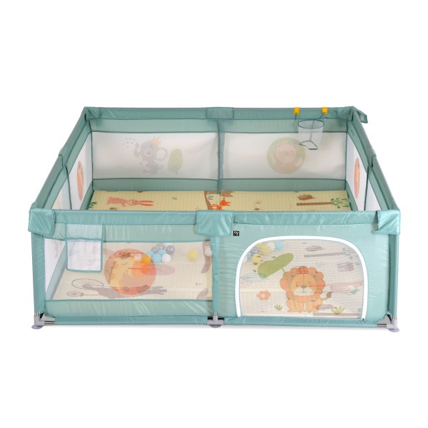 Țarc de joacă Moni GameZone Mint, 6-36 luni, 200x180 cm, covoras XPE, bile colorate, cos baschet, pliabil