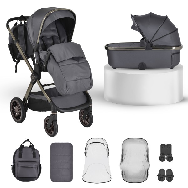 Cărucior 2in1 Cangaroo I Click Gray, Cadru Aluminiu, Pliere One Touch, Scaun Reversibil, Coș Nou-Născut Inclus, 0-4 Ani