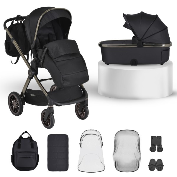 Cărucior 2in1 Cangaroo I Click Black, Cadru Aluminiu, Pliere One Touch, Scaun Reversibil, Coș Nou-Născut Inclus, 0-4 Ani