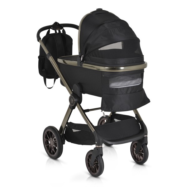 Cărucior 2in1 Cangaroo I Click Black, Cadru Aluminiu, Pliere One Touch, Scaun Reversibil, Coș Nou-Născut Inclus, 0-4 Ani