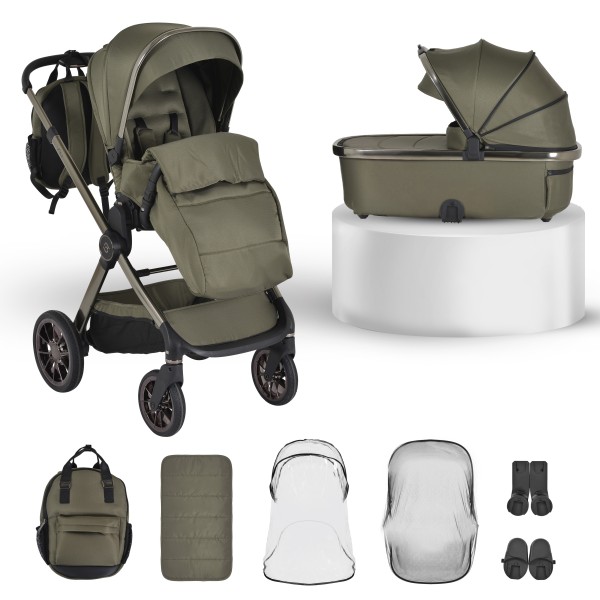 Cărucior 2in1 Cangaroo I Click Green, Cadru Aluminiu, Pliere One Touch, Scaun Reversibil, Coș Nou-Născut Inclus, 0-4 Ani