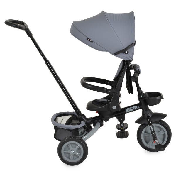 Tricicleta copii Byox Explore Dark Grey, pliabila, sezut rotativ 360°, spatar reglabil, control parental, copertina, 12 luni+, 25 kg
