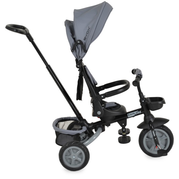 Tricicleta copii Byox Explore Dark Grey, pliabila, sezut rotativ 360°, spatar reglabil, control parental, copertina, 12 luni+, 25 kg