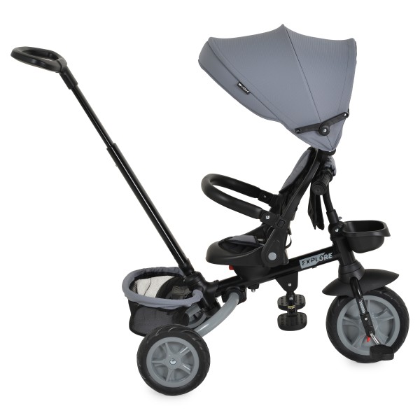 Tricicleta copii Byox Explore Dark Grey, pliabila, sezut rotativ 360°, spatar reglabil, control parental, copertina, 12 luni+, 25 kg