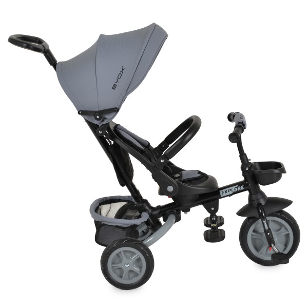 Tricicleta copii Byox Explore Dark Grey, pliabila, sezut rotativ 360°, spatar reglabil, control parental, copertina, 12 luni+, 25 kg