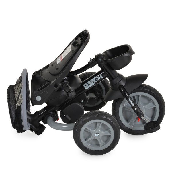 Tricicleta copii Byox Explore Dark Grey, pliabila, sezut rotativ 360°, spatar reglabil, control parental, copertina, 12 luni+, 25 kg